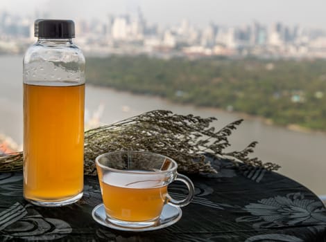 Refreshing and enjoy with a cup of hot ginger juice in the morning. Healthy drink, Selective focus, Copy space.