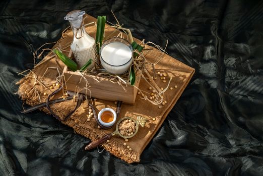 Soy products : A glass of Homemade soy milk and grains (soybeans) in wooden box Served with brown sugar and honey with lighting in the morning. Alternative milk concept, Selective focus, Copy space.