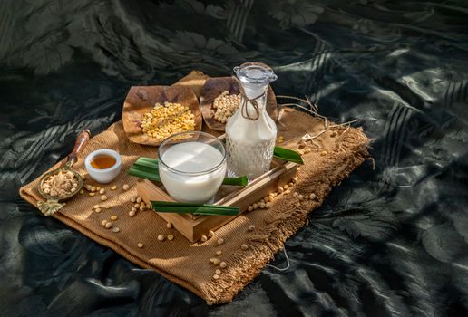 Soy products : A glass of Homemade soy milk and grains (soybeans) in wooden tray Served with brown sugar and honey with lighting in the morning. Alternative milk concept, Selective focus, Copy space.