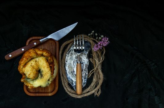 Traditional French sweet dessert : Spinach Brioche on the wooden tray. One piece, Delicious seasonal breakfast. Top view, Selective focus.