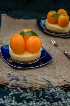 Traditional French sweet dessert : Mayomgchid tart on beautiful background. One piece, Delicious seasonal breakfast. Oblique view from the top, Selective focus.