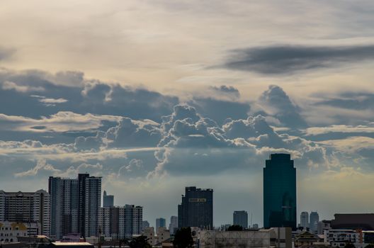 Bangkok, thailand - May 18, 2020 : Sky view of Bangkok with skyscrapers in the business district in Bangkok in the evening beautiful twilight give the city a modern style. Selective focus.