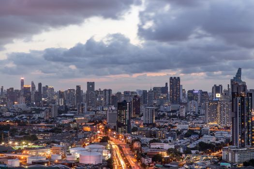 Bangkok, thailand - May 20, 2020 : Sky view of Bangkok with skyscrapers in the business district in Bangkok in the evening beautiful twilight give the city a modern style. Selective focus.