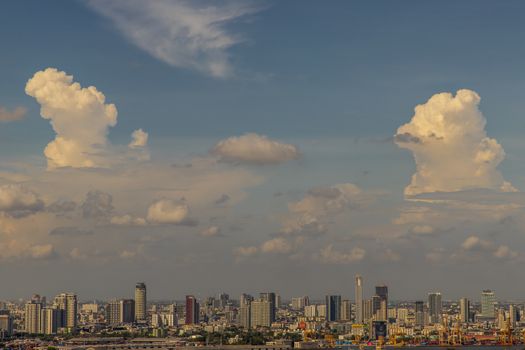 Bangkok, thailand - May 20, 2020 : Sky view of Bangkok with skyscrapers in the business district in Bangkok in the evening beautiful twilight give the city a modern style. Selective focus.