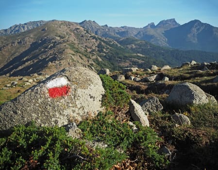 mountain trek - granite boulder marked with red and white wih blue sky and grass