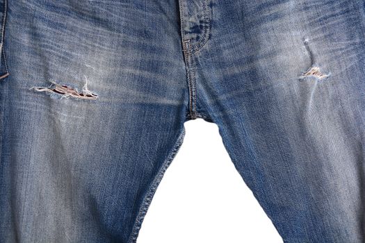 Denim Jeans Ripped Destroyed Torn Blue Patch isolated on white background with empty copy space