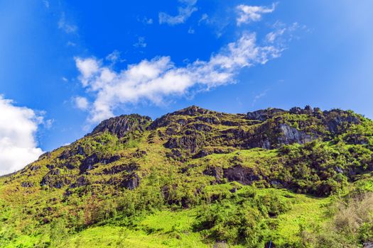 landscape terraces rice fields green grass blue sky cloud of Sapa, north Vietnam.