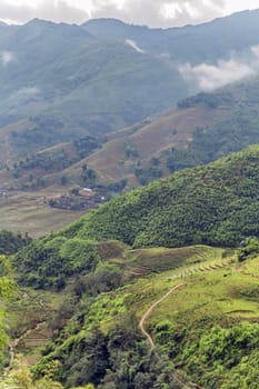 Smoky Mountains panoramic view to the green rice terraces highlands of Sapa District, Lao Cai Province, Vietnam. Sa Pa Asia.