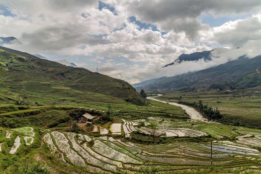 Village in SA PA the travel destination at Northwest Vietnam. Mountain view landscape. Foggy mountain.