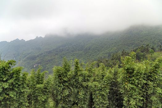 Mountain silhouettes mist over the Hoang Lien National Park, Lao cai province northern Vietnam mountain range.