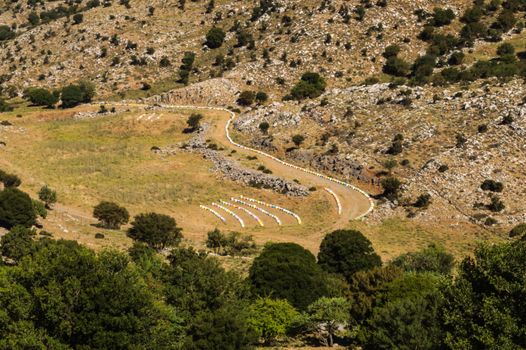 long line of colorful wooden beehives among the trees in the mountains of Crete