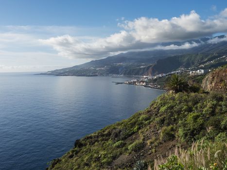 La Palma, Canary Islands, view from viewpoint Mirador de San Juanito with view on Santra Cruz de la Palma and ocean. Blue sky background.