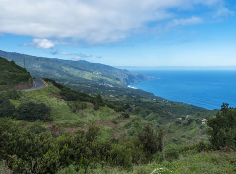 Subtropical landscape with green hills, tree, houses, winding alphalt road and sea horizon. Blue sky white clouds background, La Palma, Canary Islands, Spain.