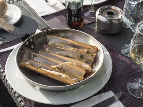 Atlantic jackknife razor clams close up served on cooking pan on sea food restaurant table at la Palma.
