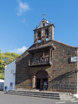 Old traditional building of the church Santuario de Nuestra Senora de las Nieves, La Palma, Canary islands, Spain. Blue sky background