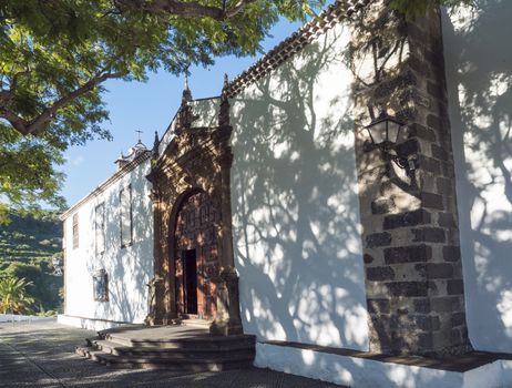 Old traditional building of the church Santuario de Nuestra Senora de las Nieves, La Palma, Canary islands, Spain. Blue sky background