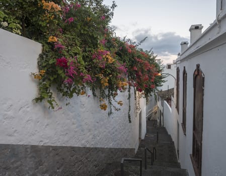 Empty narrow street with straircase, white wall with colorful flowers and traditional houses at street in Santa Cruz de la Palma old city center. Canary Islands, Spain. Copy space.