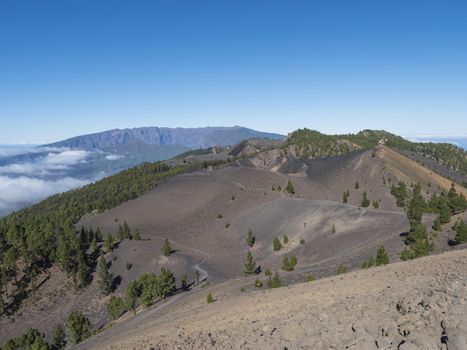 Volcanic landscape with lush green pine trees, colorful volcanoes and lava rock field along path Ruta de los Volcanes, hiking trail at La Palma island, Canary Islands, Spain, Blue sky background.