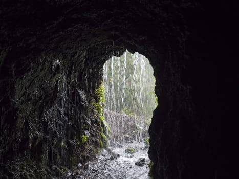 View from dark water duct tunnel through running water to lush jungle at hiking trail Los Tilos at mysterious laurel forest. Beautiful nature reserve on La Palma, Canary islands, Spain.