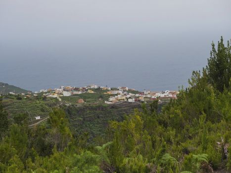 Aerial view on village Los Sauces, San Andres y Sauces at the end of hiking trail to Los Tilos bosque at beautiful nature reserve on La Palma, Canary islands, Spain.