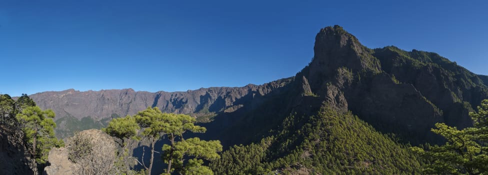 Panoramic view on volcanic landscape and lush pine tree forest, pinus canariensis from Mirador de la Cumbrecita viewpoint at national park Caldera de Taburiente, volcanic crater in La Palma, Canary Islands, Spain.