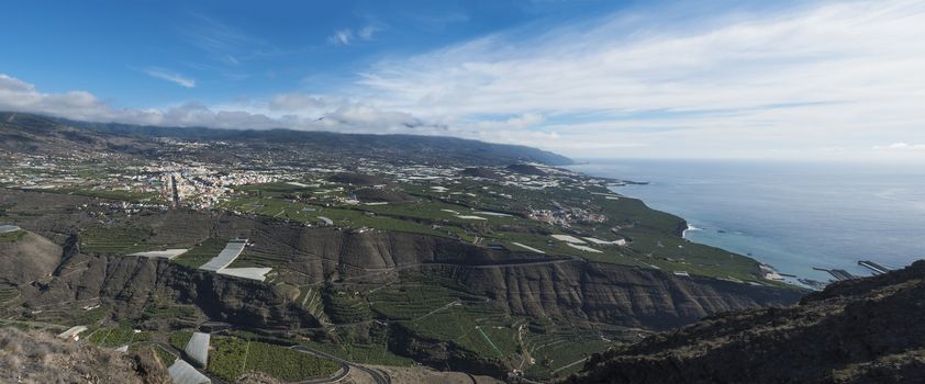 Wide panoramic view from Mirador el Time viewpoint on Los Llanos de Aridane and Aridane valley, La Palma, Canary Islands, Spain.