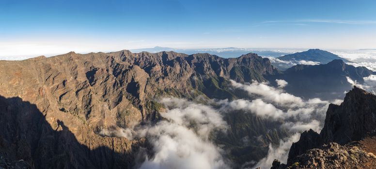Panoramic view on crater Caldera de Taburiente from viepoint at top of Roque de los Muchachos mountain on the island La Palma, Canary Islands, Spain.