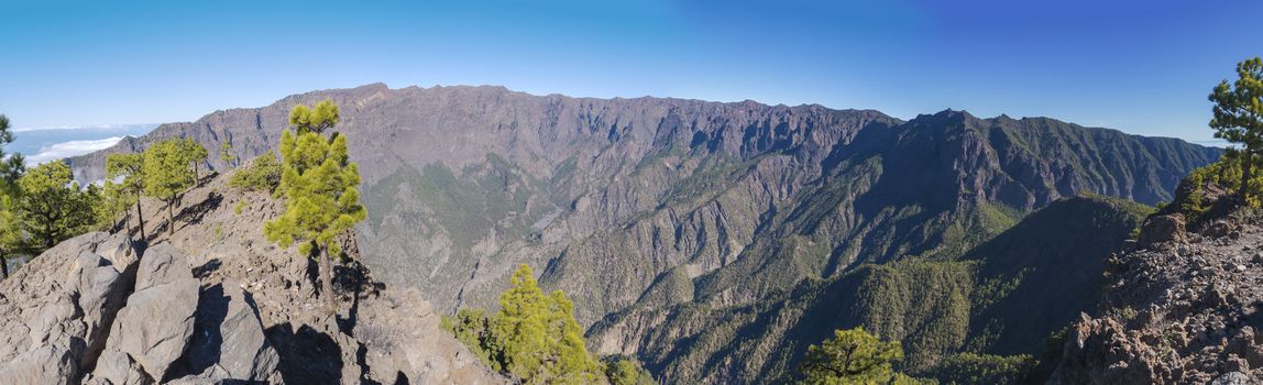 Panoramic view on crater Caldera de Taburiente from viepoint at top of Pico Bejenado mountain on the island La Palma, Canary Islands, Spain.
