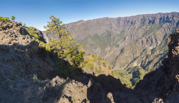 Panoramic view on crater Caldera de Taburiente from viepoint at top of Pico Bejenado mountain on the island La Palma, Canary Islands, Spain.