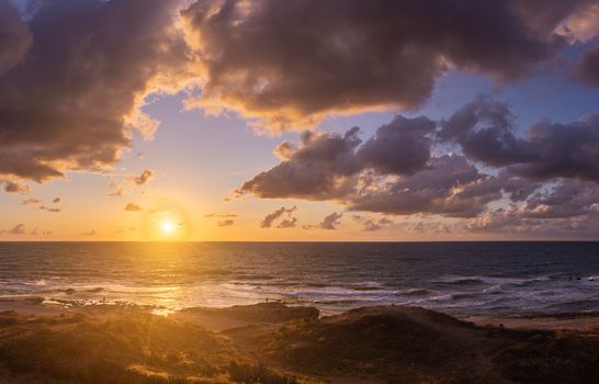 Sunset dream of romantic travel to seashore of Israel