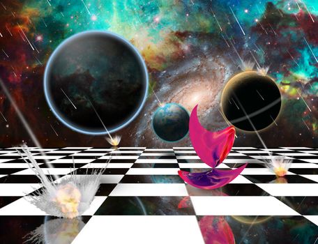 Planetary Armageddon. Massive meteorite - asteroid shower destroy planets. Mystic Pink Matter on chessboard. 3D rendering