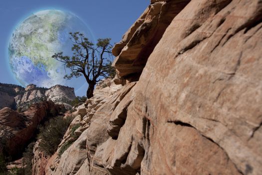 Fantastic. Red rock mountains. Terraformed moon in the sky. 3D rendering