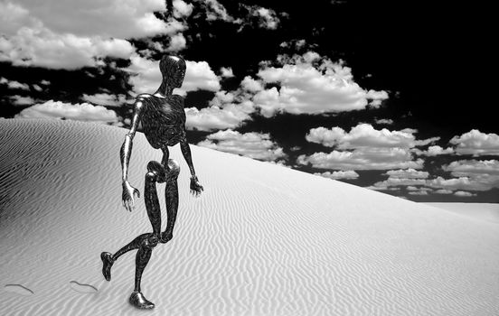 Robot in surreal white desert. 3D rendering
