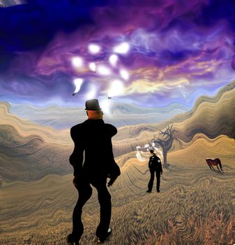 Surreal painting. Man in suit stands in field. Light bulbs around his head represents ideas. Horse grazes.