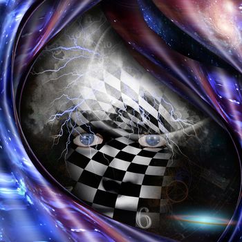 Surrealism and symbolism. Time spirals and checkered face. 3D rendering