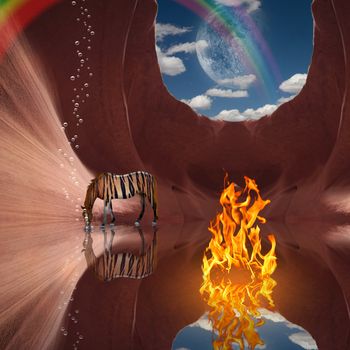 Surrealism. Red rock cave with fire and striped horse. Rainbow and moon in the sky. 3D rendering