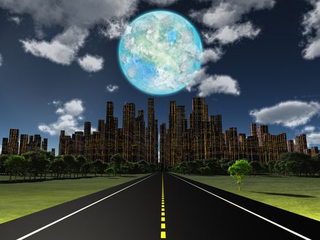 Night roadway to future city. Terraformed moon in the sky. 3D rendering