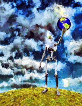 Alien robot holds planet Earth in his hand. Oil painting. 3D rendering