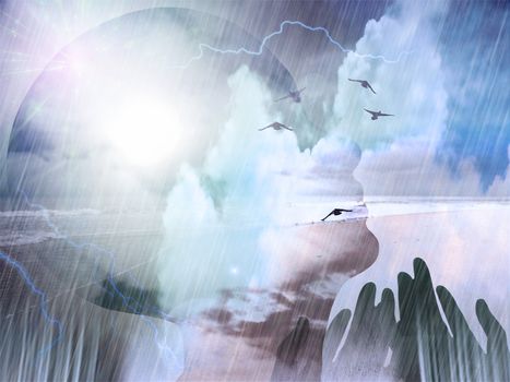 Spiritual composition. Birds flies above ocean shore. Woman's head silhouette and praying hands. 3D rendering