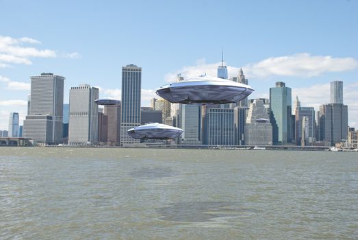 Flying saucers over New York harbor. 3D Rendering