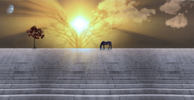 Bright sunbeams. Dusk or dawn. Horse grazes on stone stairs. Tree with red leafs. 3D rendering