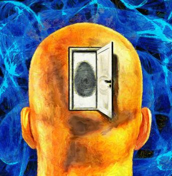 Oil Painting. Man's head with opened door and fingerprint