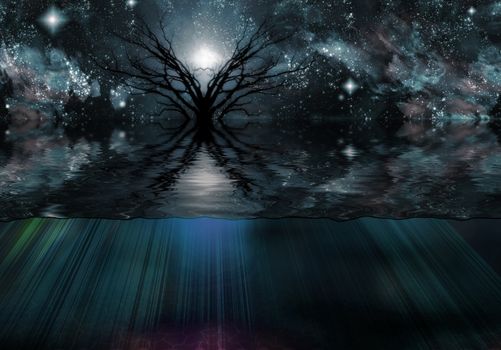 Tranquil Scene. Black tree in the water. Starry sky. 3D rendering