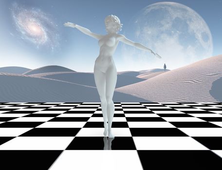 Surrealism. Woman's statue made of white stone. Lonely man in a distance. 3D rendering