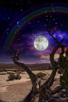 Desert Tree and Horizon with Rainbow