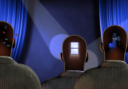 Surreal composition. Men stands before blue curtains. Different thoughts inside their heads. 3D rendering