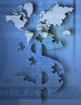 Dollar sign with puzzle pattern. World map and dollar's bill at the background. 3D rendering