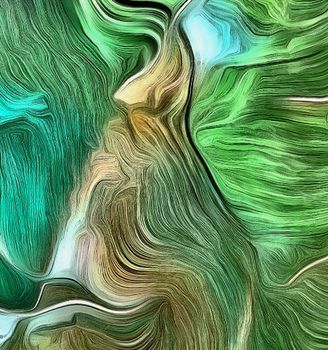 Fluid lines of color movement. Green is a main color. 3D rendering.