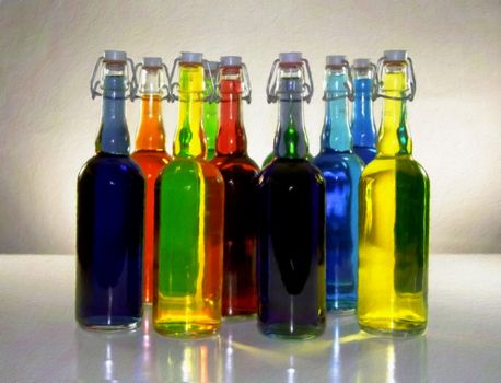 Colorful bottles. Canvas Painting. 3D rendering