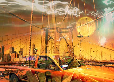 Surreal digital art. Yellow cab on the Brooklyn bridge. Graffiti elements. Full moon in the sky.